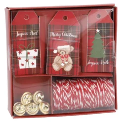Geschenke-Set, karo-rot/weiß, Kordel/Anhänger/Glocke