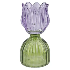 Teelichthalter Tulpe auf Sockel, lila/grün, 16 cm