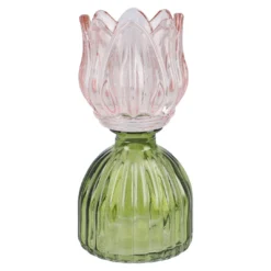 Teelichthalter Tulpe auf Sockel, rosa/grün, 16 cm