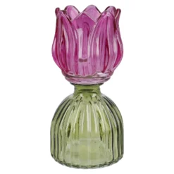 Teelichthalter Tulpe auf Sockel, pink/grün, 16 cm
