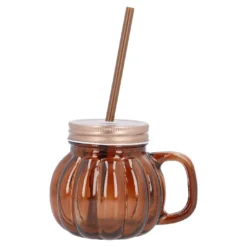 Trinkglas mit Strohhalm, Kürbis/braun, 380 ml